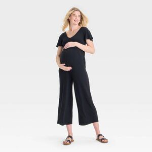 Isabel Maternity M Womens Jumpsuit Flutter Short Sleeve V Neck Side Pocket Black